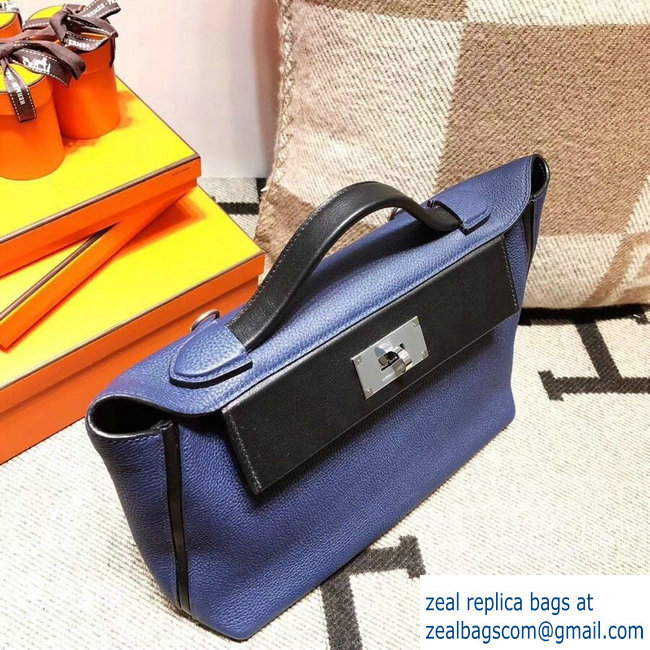 Hermes Kelly 24/24 Bag In Swift and Togo Leather Navy Blue With Silver Hardware 2018 - Click Image to Close