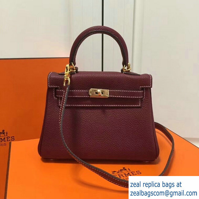 Hermes mini kelly 20 bag Burgundy in clemence leather with golden hardware - Click Image to Close