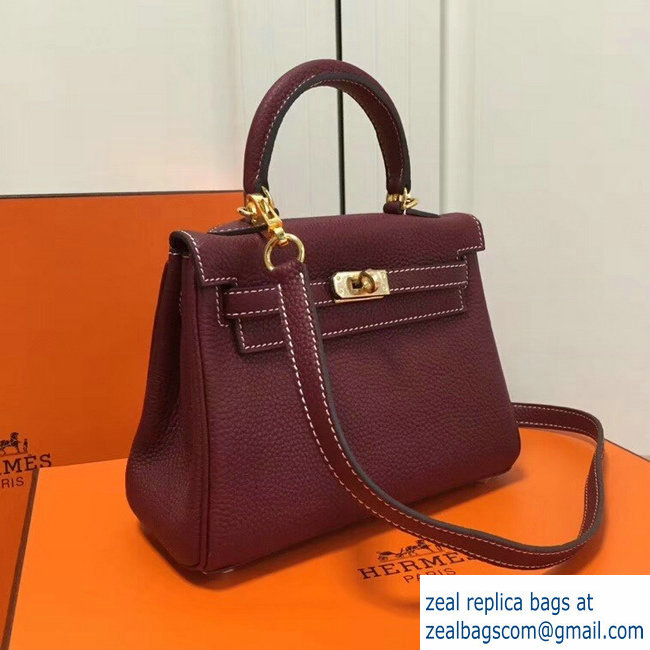 Hermes mini kelly 20 bag Burgundy in clemence leather with golden hardware
