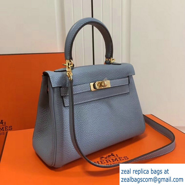 Hermes mini kelly 20 bag light blue in clemence leather with golden hardware