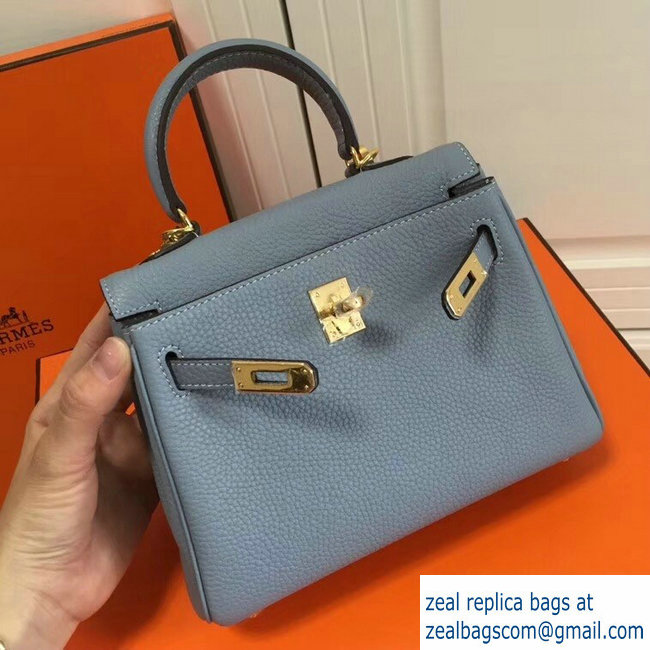 Hermes mini kelly 20 bag light blue in clemence leather with golden hardware