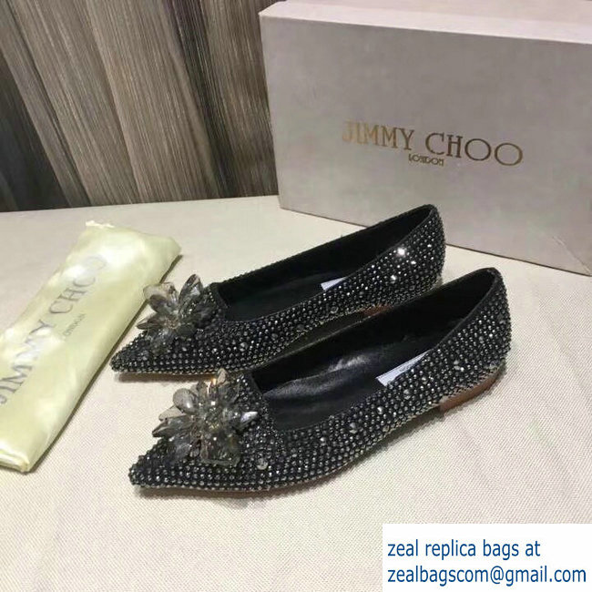 JIMMY CHOO CRYSTAL COVERED POINTY TOE FLATS DARK GREY