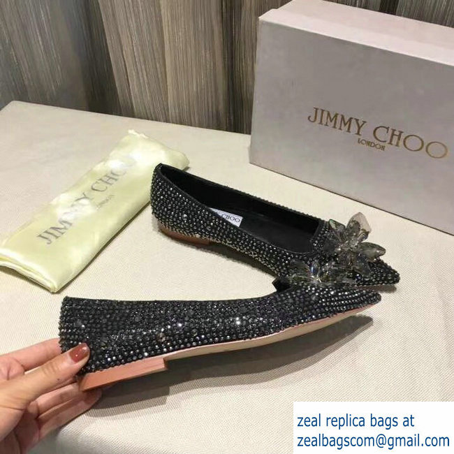 JIMMY CHOO CRYSTAL COVERED POINTY TOE FLATS DARK GREY