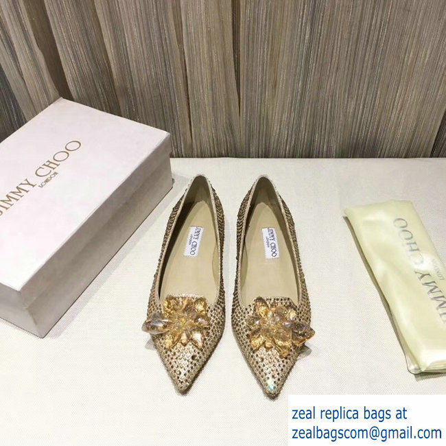 JIMMY CHOO CRYSTAL COVERED POINTY TOE FLATS GOLD