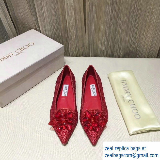 JIMMY CHOO CRYSTAL COVERED POINTY TOE FLATS RED