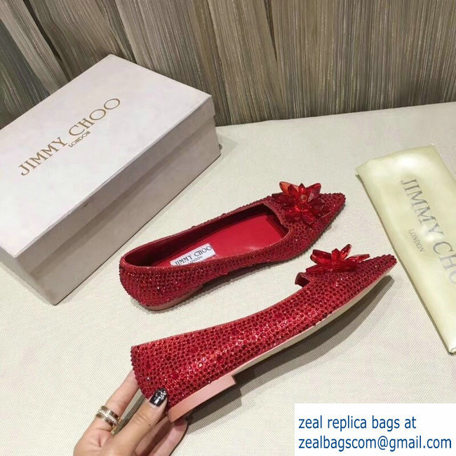 JIMMY CHOO CRYSTAL COVERED POINTY TOE FLATS RED