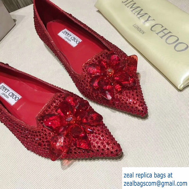 JIMMY CHOO CRYSTAL COVERED POINTY TOE FLATS RED