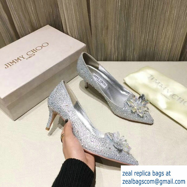 JIMMY CHOO CRYSTAL COVERED POINTY TOE PUMPS SILVER6.5cm