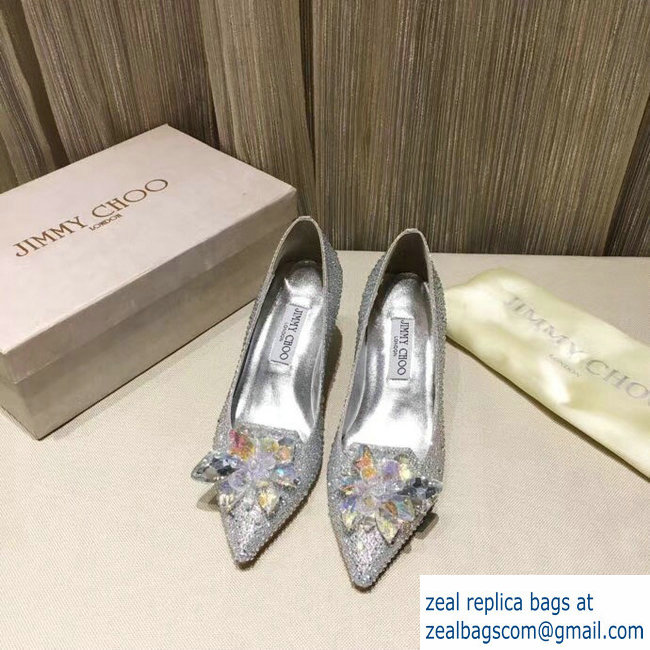 JIMMY CHOO CRYSTAL COVERED POINTY TOE PUMPS SILVER6.5cm