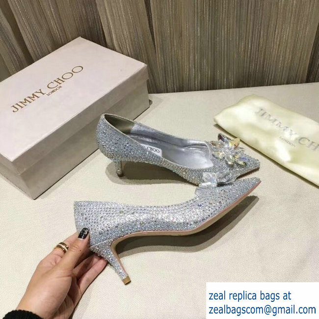 JIMMY CHOO CRYSTAL COVERED POINTY TOE PUMPS SILVER6.5cm