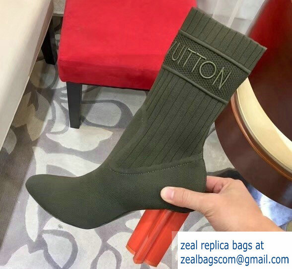 Louis Vuitton Heel 9.5cm Embroidered Logo Stretch Textile Silhouette Ankle Boots Army Green 2018 - Click Image to Close