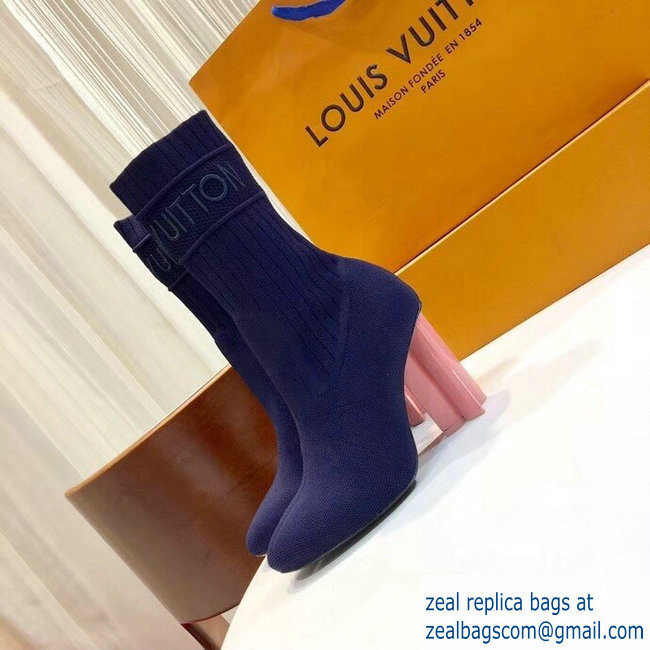 Louis Vuitton Heel 9.5cm Embroidered Logo Stretch Textile Silhouette Ankle Boots Blue 2018 - Click Image to Close