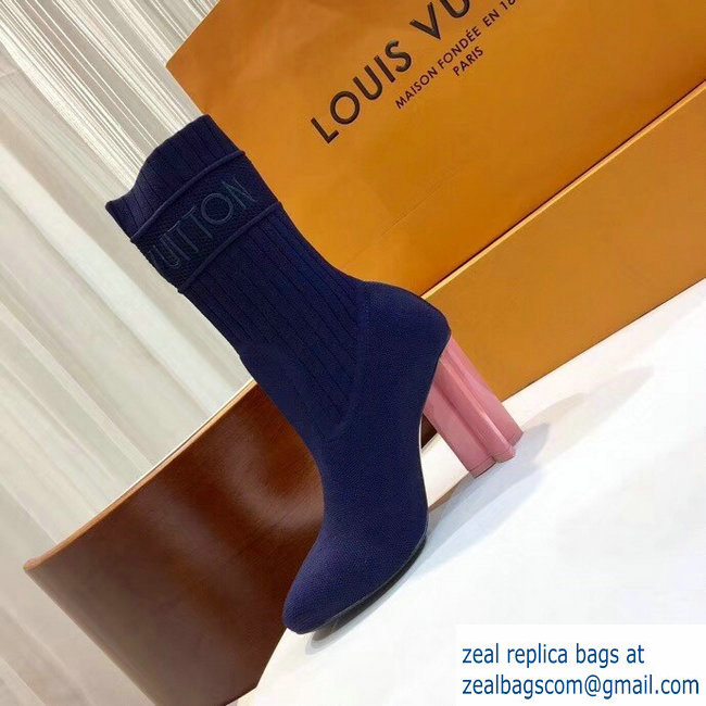 Louis Vuitton Heel 9.5cm Embroidered Logo Stretch Textile Silhouette Ankle Boots Blue 2018 - Click Image to Close