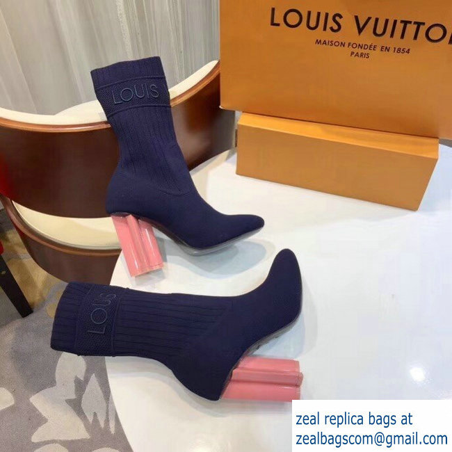 Louis Vuitton Heel 9.5cm Embroidered Logo Stretch Textile Silhouette Ankle Boots Blue 2018 - Click Image to Close