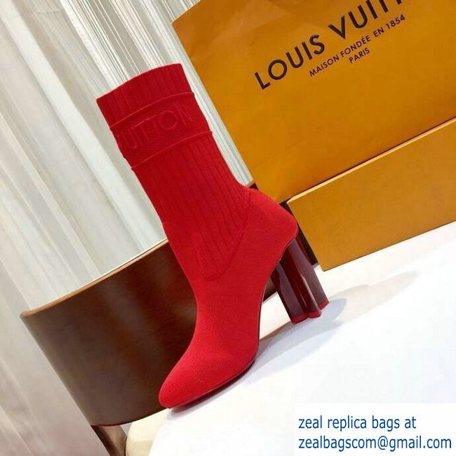 Louis Vuitton Heel 9.5cm Embroidered Logo Stretch Textile Silhouette Ankle Boots Red 2018