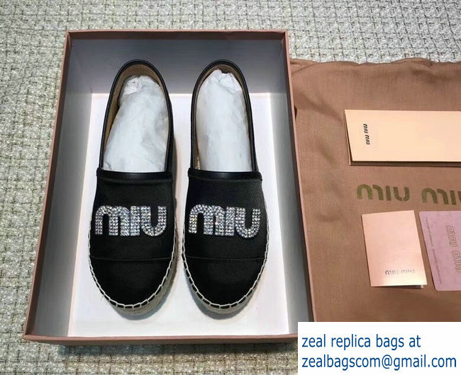 Miu Miu Velvet Crystal Logo Platform Espadrilles Black 2018