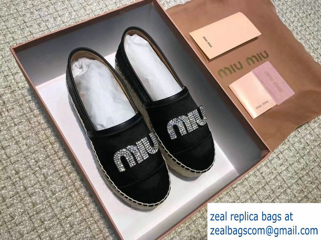 Miu Miu Velvet Crystal Logo Platform Espadrilles Black 2018