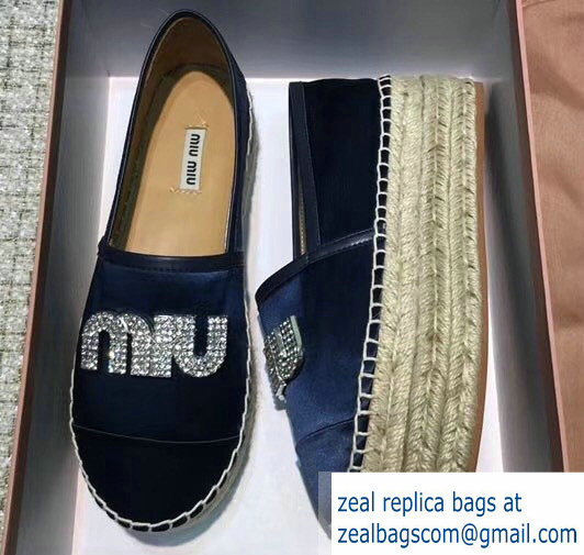 Miu Miu Velvet Crystal Logo Platform Espadrilles Dark Blue 2018 - Click Image to Close