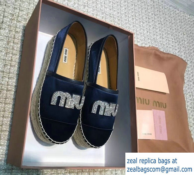 Miu Miu Velvet Crystal Logo Platform Espadrilles Dark Blue 2018