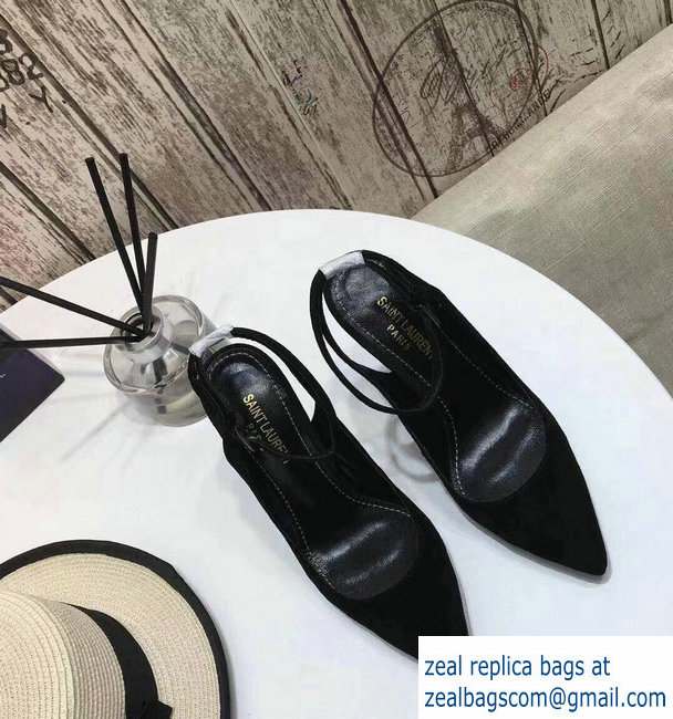 Saint Laurent Heel 11cm Opyum Slingback Pumps In Suede Black With Black YSL Signature With Strap 2019 - Click Image to Close