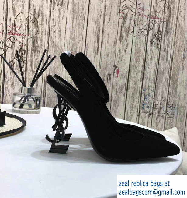 Saint Laurent Heel 11cm Opyum Slingback Pumps In Suede Black With Black YSL Signature With Strap 2019 - Click Image to Close