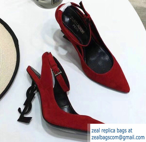 Saint Laurent Heel 11cm Opyum Slingback Pumps In Suede Red With Black YSL Signature With Strap 2019 - Click Image to Close