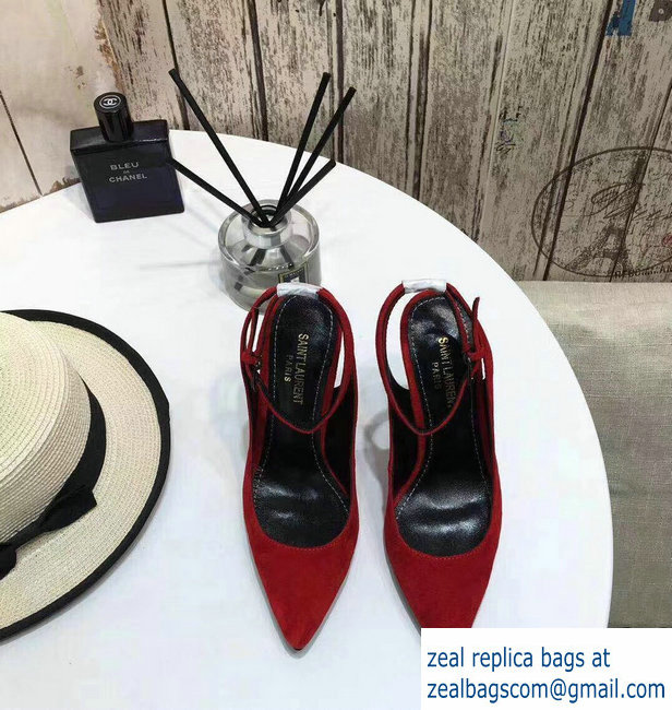 Saint Laurent Heel 11cm Opyum Slingback Pumps In Suede Red With Black YSL Signature With Strap 2019 - Click Image to Close
