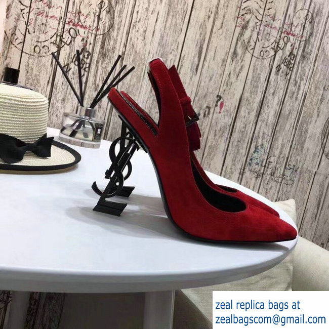 Saint Laurent Heel 11cm Opyum Slingback Pumps In Suede Red With Black YSL Signature With Strap 2019 - Click Image to Close