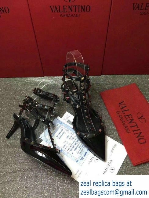 VALENTINO NOIR ROCKSTUD ANKLE STRAP PATENT PUMP 6.5CM black