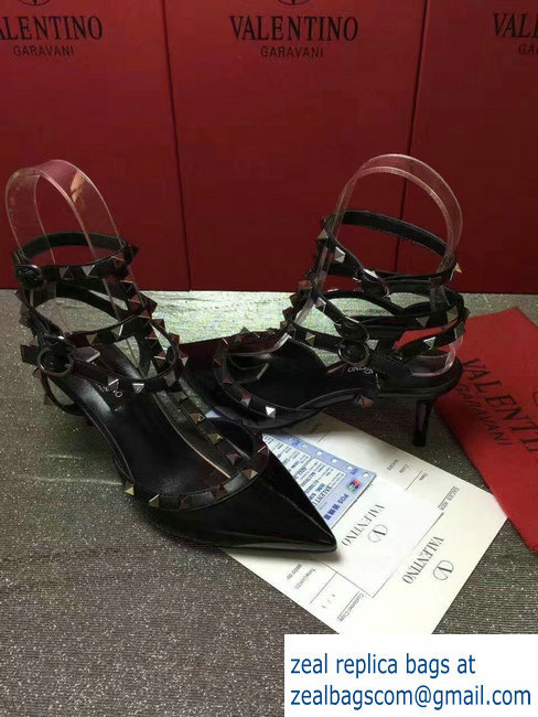 VALENTINO NOIR ROCKSTUD ANKLE STRAP PATENT PUMP 6.5CM black