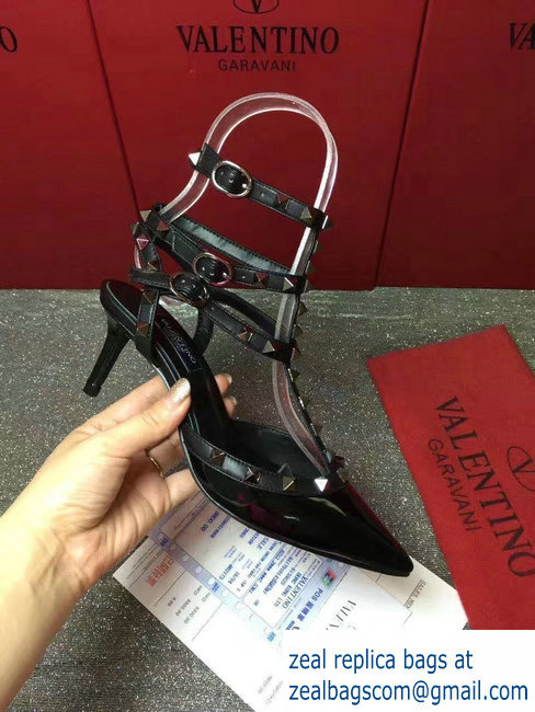 VALENTINO NOIR ROCKSTUD ANKLE STRAP PATENT PUMP 6.5CM black