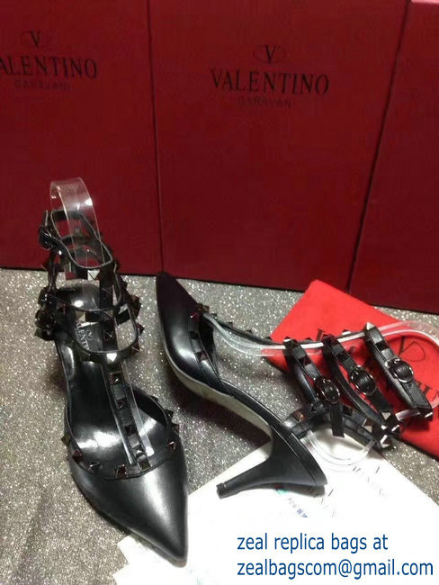 VALENTINO NOIR ROCKSTUD ANKLE STRAP SHEEPSKIN PUMP 6.5CM Black - Click Image to Close