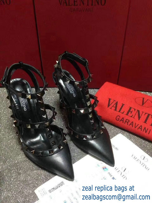 VALENTINO NOIR ROCKSTUD ANKLE STRAP SHEEPSKIN PUMP 9.5CM Black - Click Image to Close