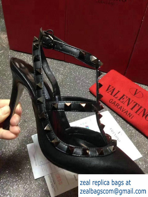 VALENTINO NOIR ROCKSTUD ANKLE STRAP SHEEPSKIN PUMP 9.5CM Black