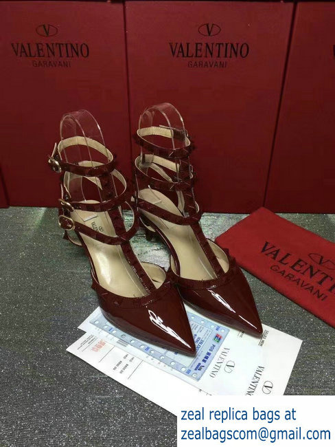 VALENTINO ROCKSTUD ANKLE STRAP PATENT PUMP 6.5CM Dark Red - Click Image to Close