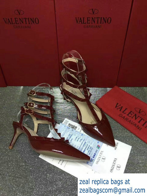 VALENTINO ROCKSTUD ANKLE STRAP PATENT PUMP 6.5CM Dark Red