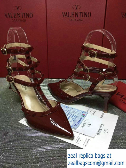 VALENTINO ROCKSTUD ANKLE STRAP PATENT PUMP 6.5CM Dark Red