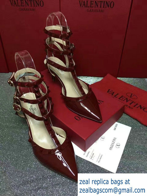 VALENTINO ROCKSTUD ANKLE STRAP PATENT PUMP 6.5CM Dark Red - Click Image to Close