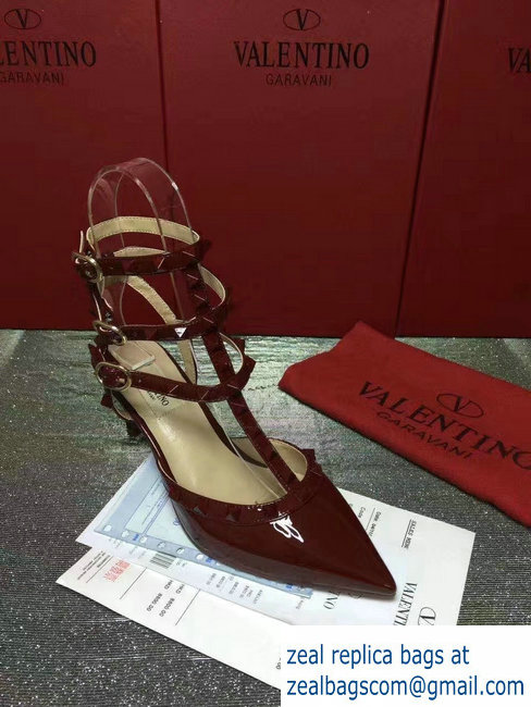 VALENTINO ROCKSTUD ANKLE STRAP PATENT PUMP 6.5CM Dark Red