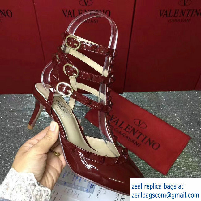 VALENTINO ROCKSTUD ANKLE STRAP PATENT PUMP 6.5CM Dark Red