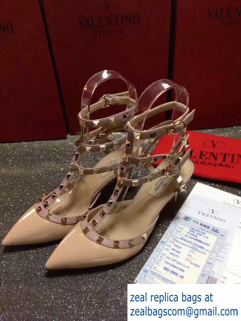 VALENTINO ROCKSTUD ANKLE STRAP PATENT PUMP 6.5CM NUDE
