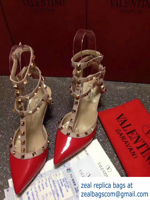 VALENTINO ROCKSTUD ANKLE STRAP PATENT PUMP 6.5CM Red - Click Image to Close