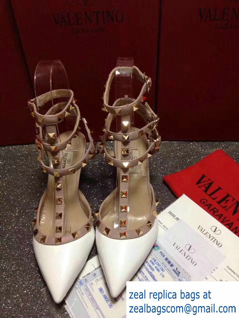 VALENTINO ROCKSTUD ANKLE STRAP PATENT PUMP 6.5CM White