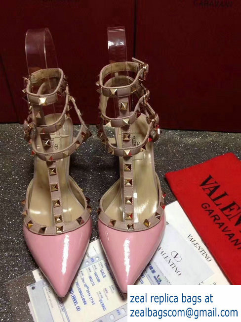 VALENTINO ROCKSTUD ANKLE STRAP PATENT PUMP 6.5CM pink