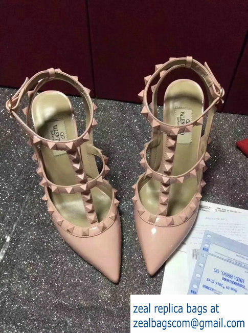 VALENTINO ROCKSTUD ANKLE STRAP PATENT PUMP 9.5CM All Pink