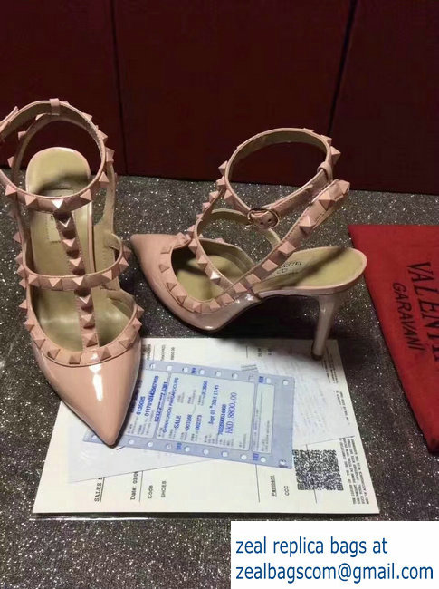 VALENTINO ROCKSTUD ANKLE STRAP PATENT PUMP 9.5CM All Pink