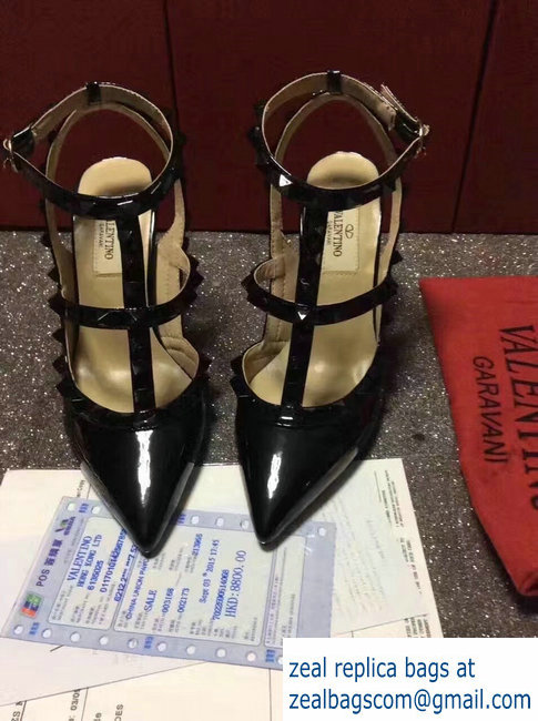VALENTINO ROCKSTUD ANKLE STRAP PATENT PUMP 9.5CM All black