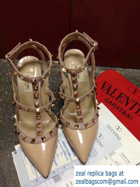VALENTINO ROCKSTUD ANKLE STRAP PATENT PUMP 9.5CM NUDE