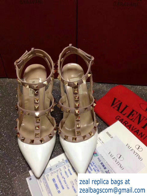 VALENTINO ROCKSTUD ANKLE STRAP PATENT PUMP 9.5CM White