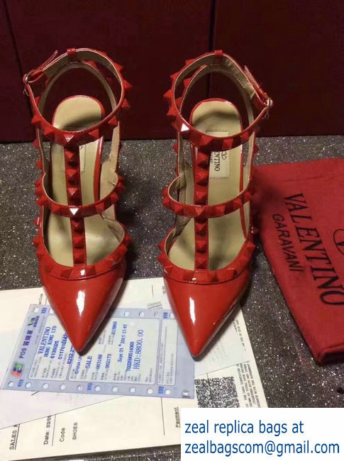 VALENTINO ROCKSTUD ANKLE STRAP PATENT PUMP 9.5CM all red